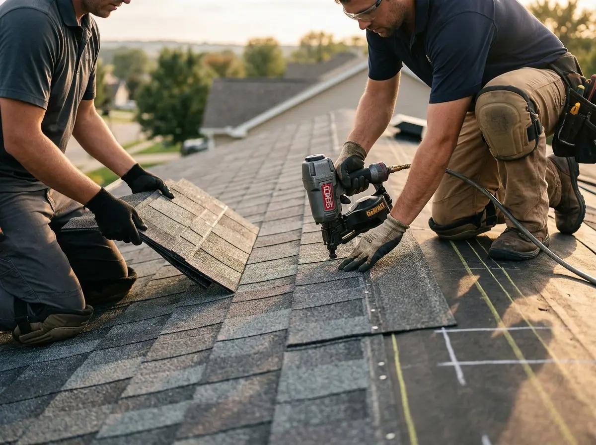 Professional roofer working on a residential roof in Rogersville